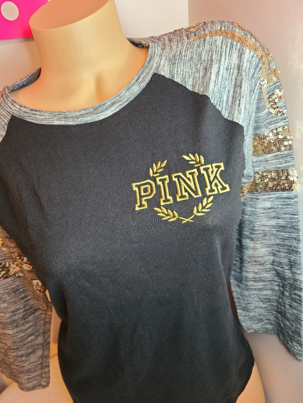 Y2K VS PINK Bling Campus Baseball Tee Size M - Black, Gray & Gold - Picture 2 of 6